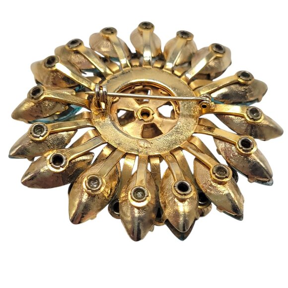 Vtg Floral Starburst Teal and Clear Rhinestone Brooch Pin Gold Tone Statement - Picture 2 of 9